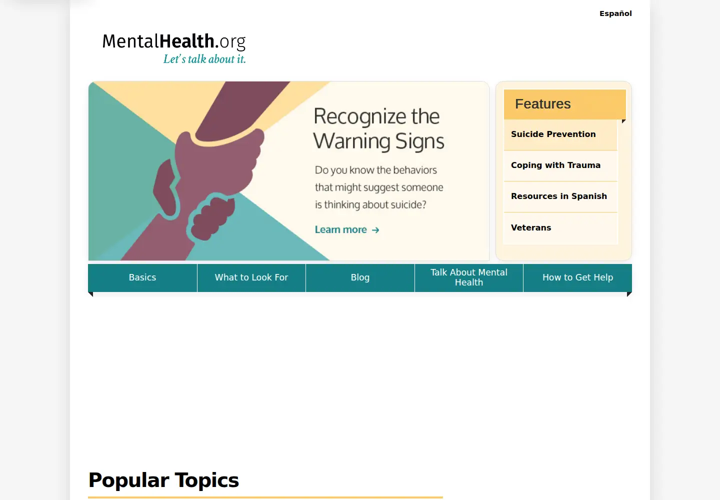 Captured homepage of mentalhealth.org in the current scan