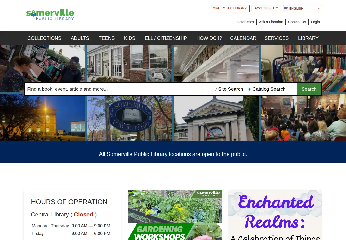 Captured homepage of somervillepubliclibrary.org in the current scan