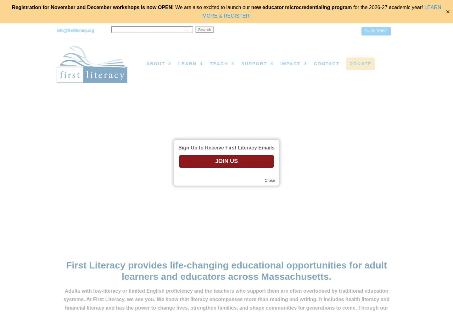 Captured homepage of firstliteracy.org in the current scan