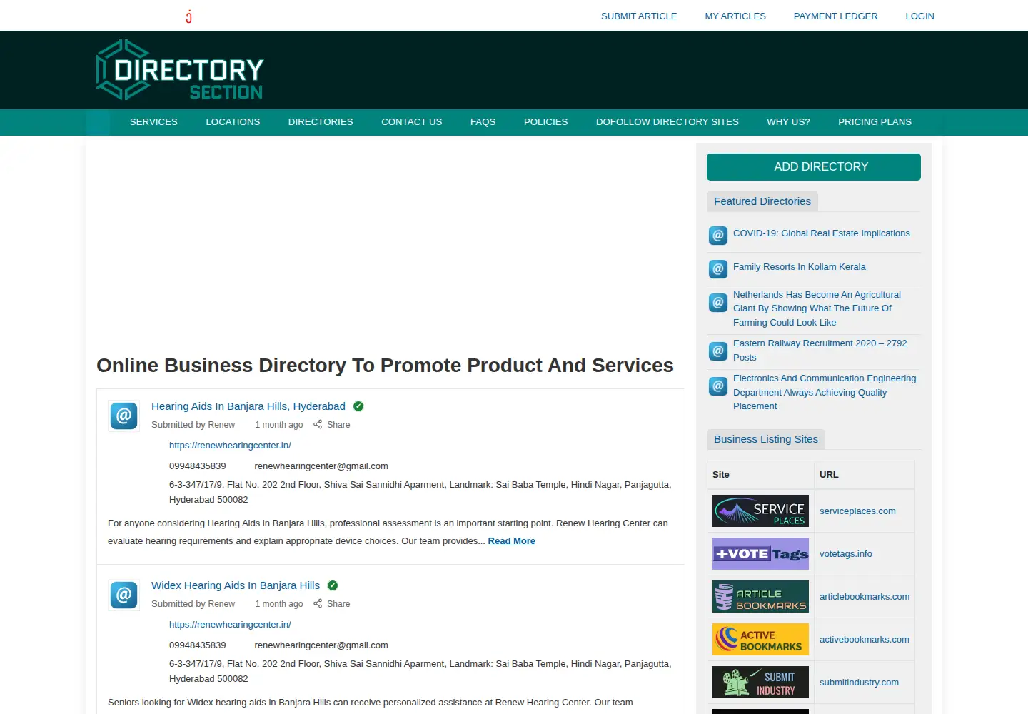 Captured homepage of directorysection.com in the current scan