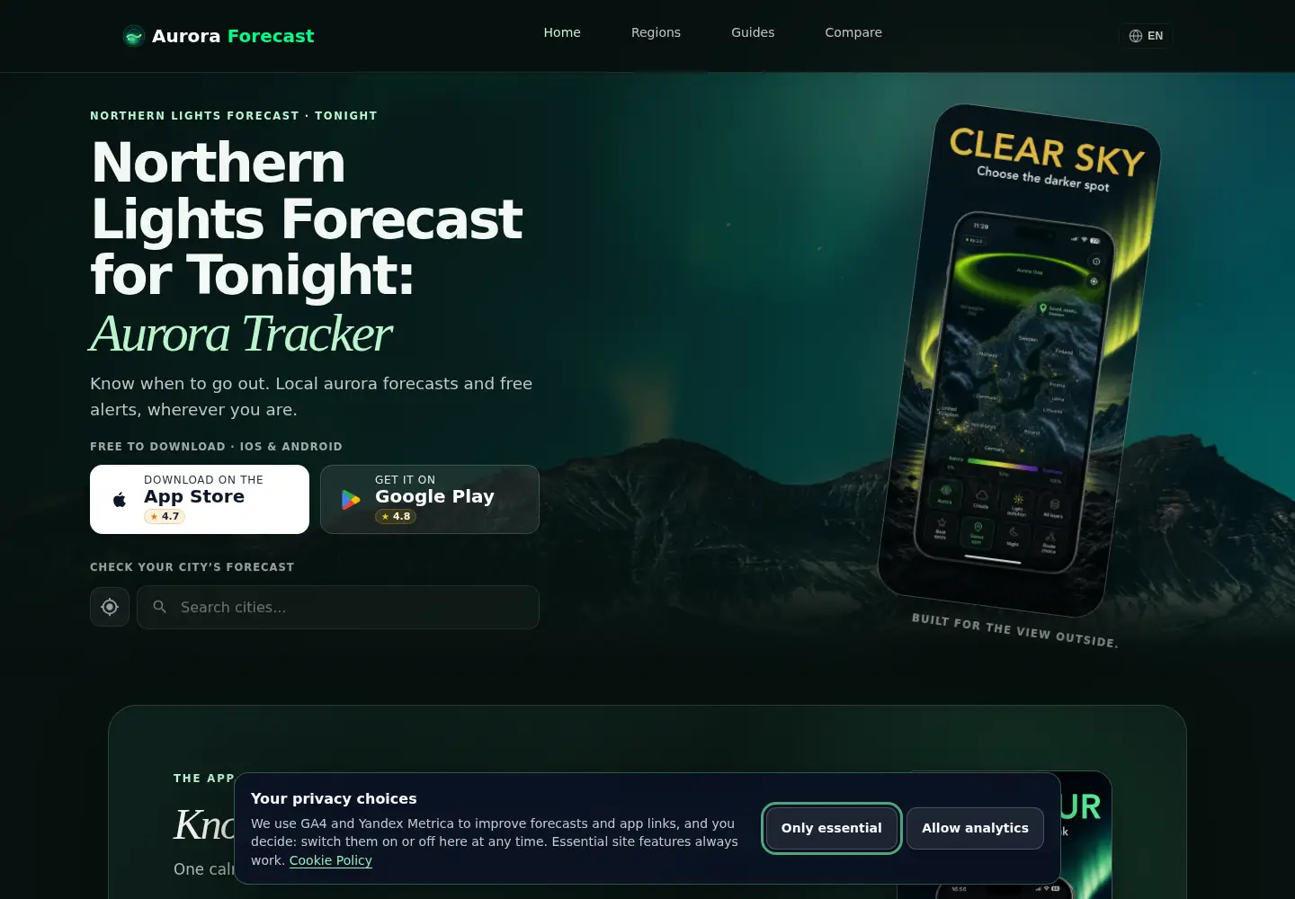 Captured homepage of auroraforecast.me in the current scan