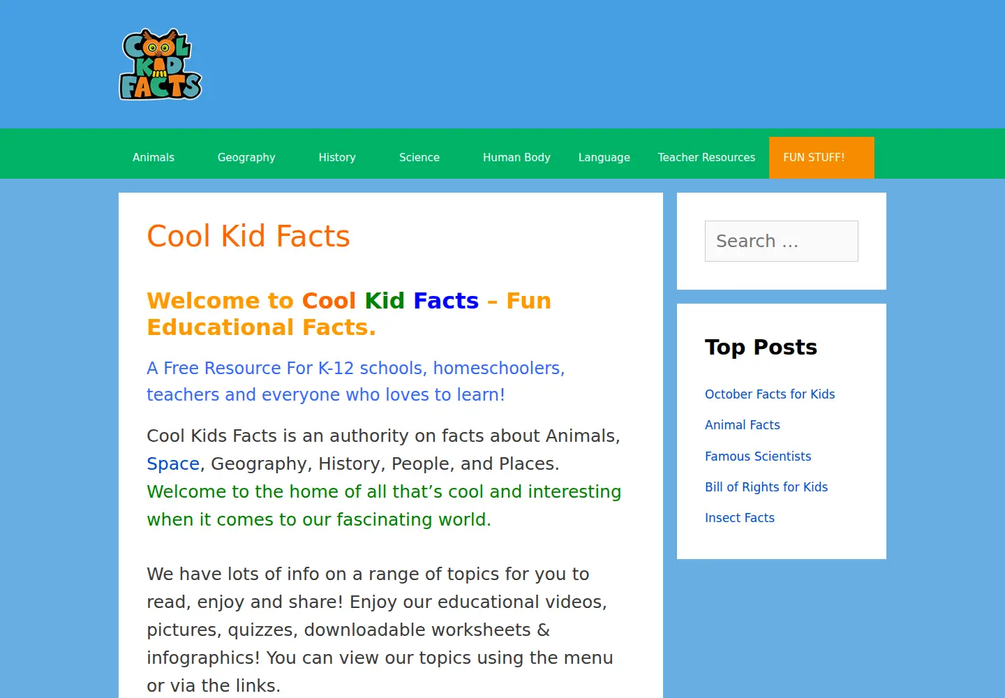 Captured homepage of coolkidfacts.com in the current scan