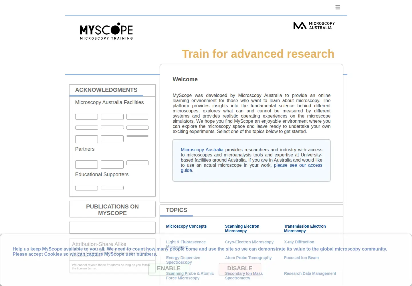 Captured homepage of myscope.training in the current scan