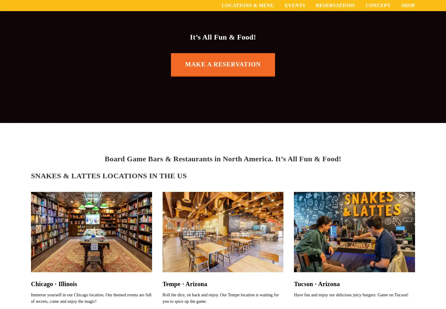 Screenshot of snakesandlattes.com