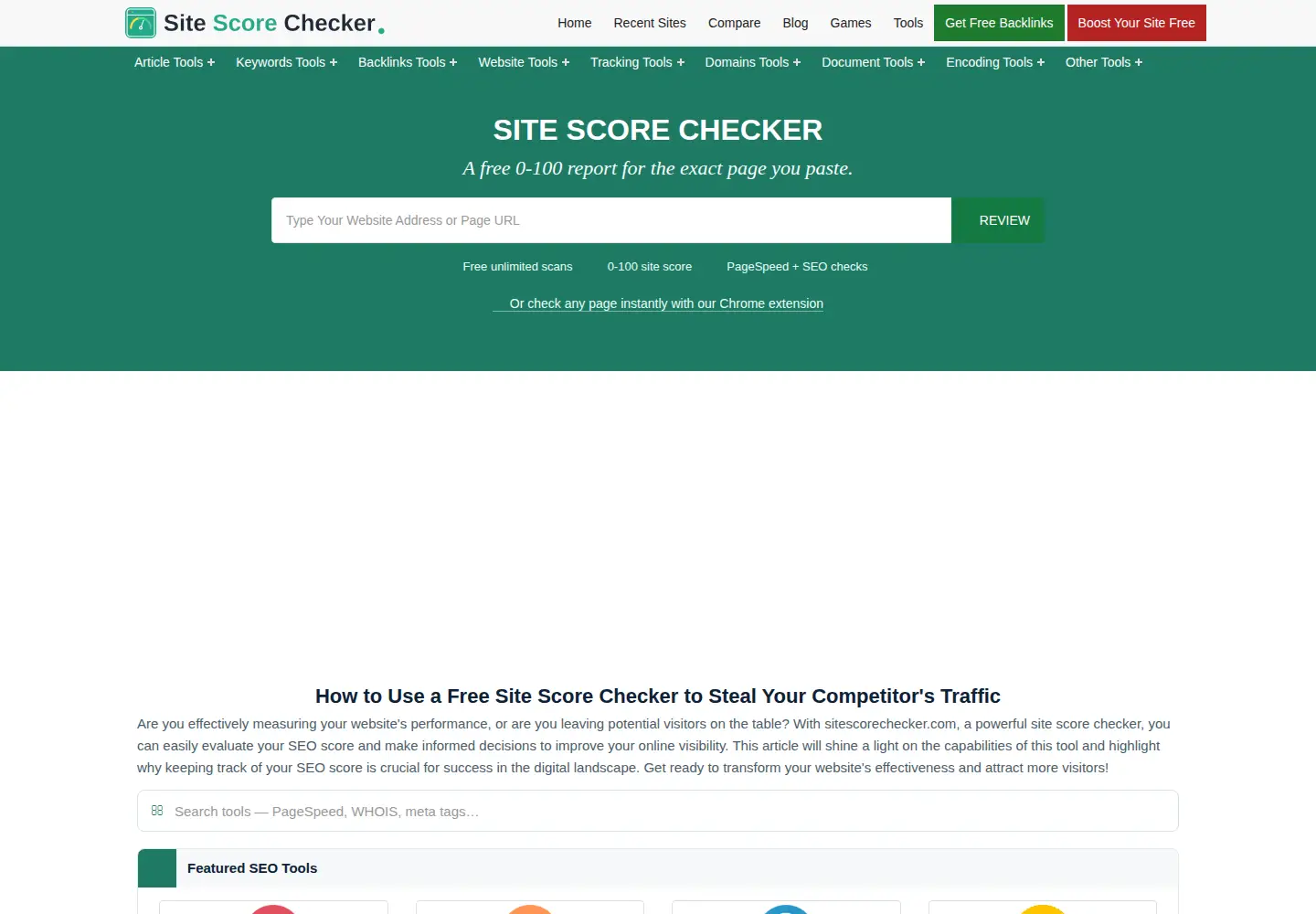 Captured homepage of sitescorechecker.com in the current scan