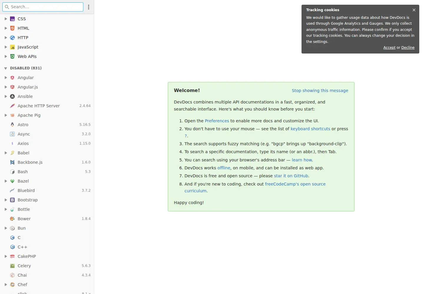 Screenshot of devdocs.io