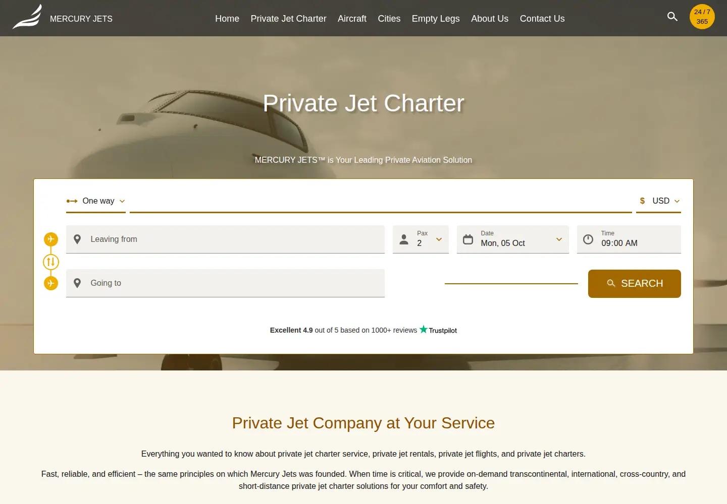 Captured homepage of mercuryjets.com in the current scan