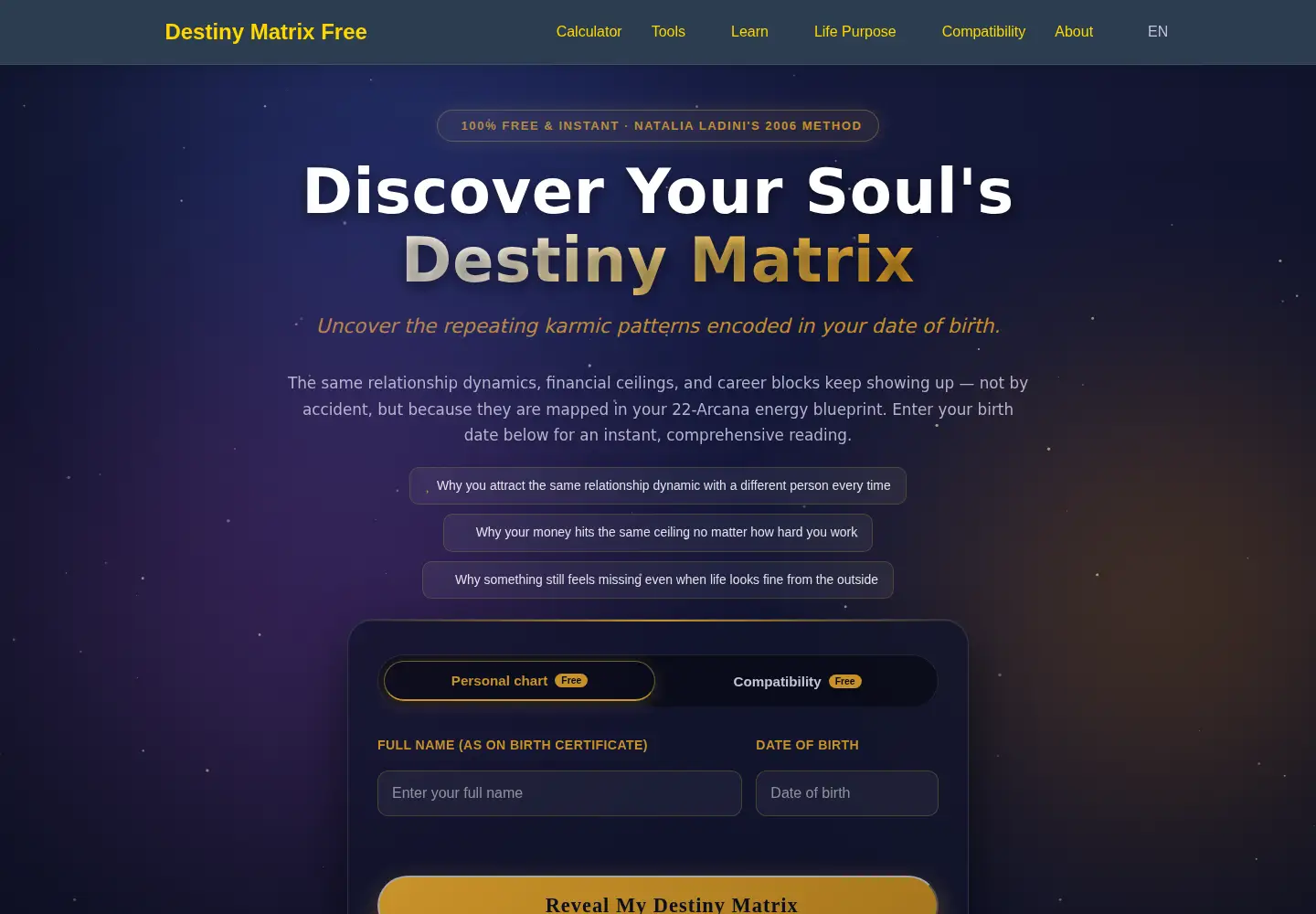 Captured homepage of destinymatrixfree.com in the current scan