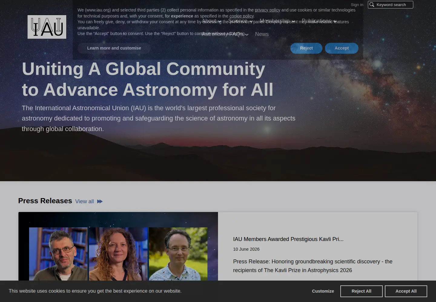 Screenshot of iau.org