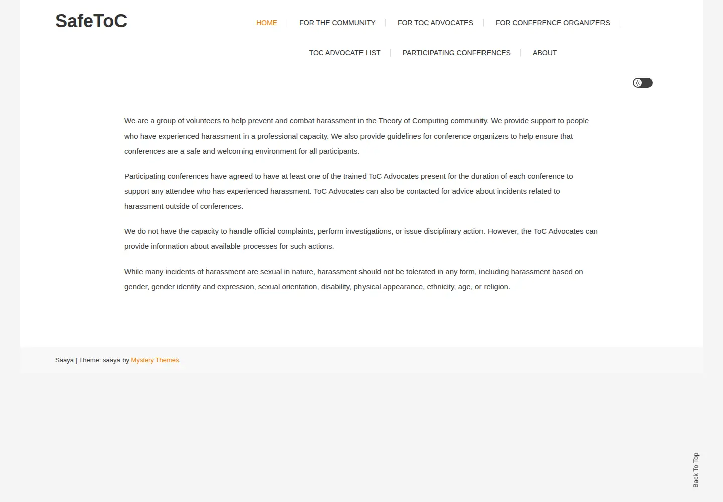 Captured homepage of safetoc.org in the current scan