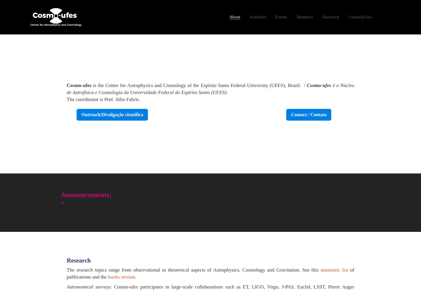 Captured homepage of cosmo-ufes.org in the current scan
