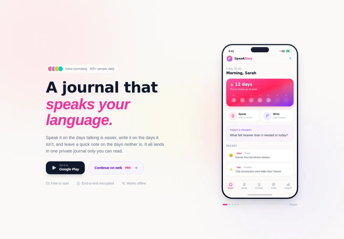 Screenshot of speakdiary.com