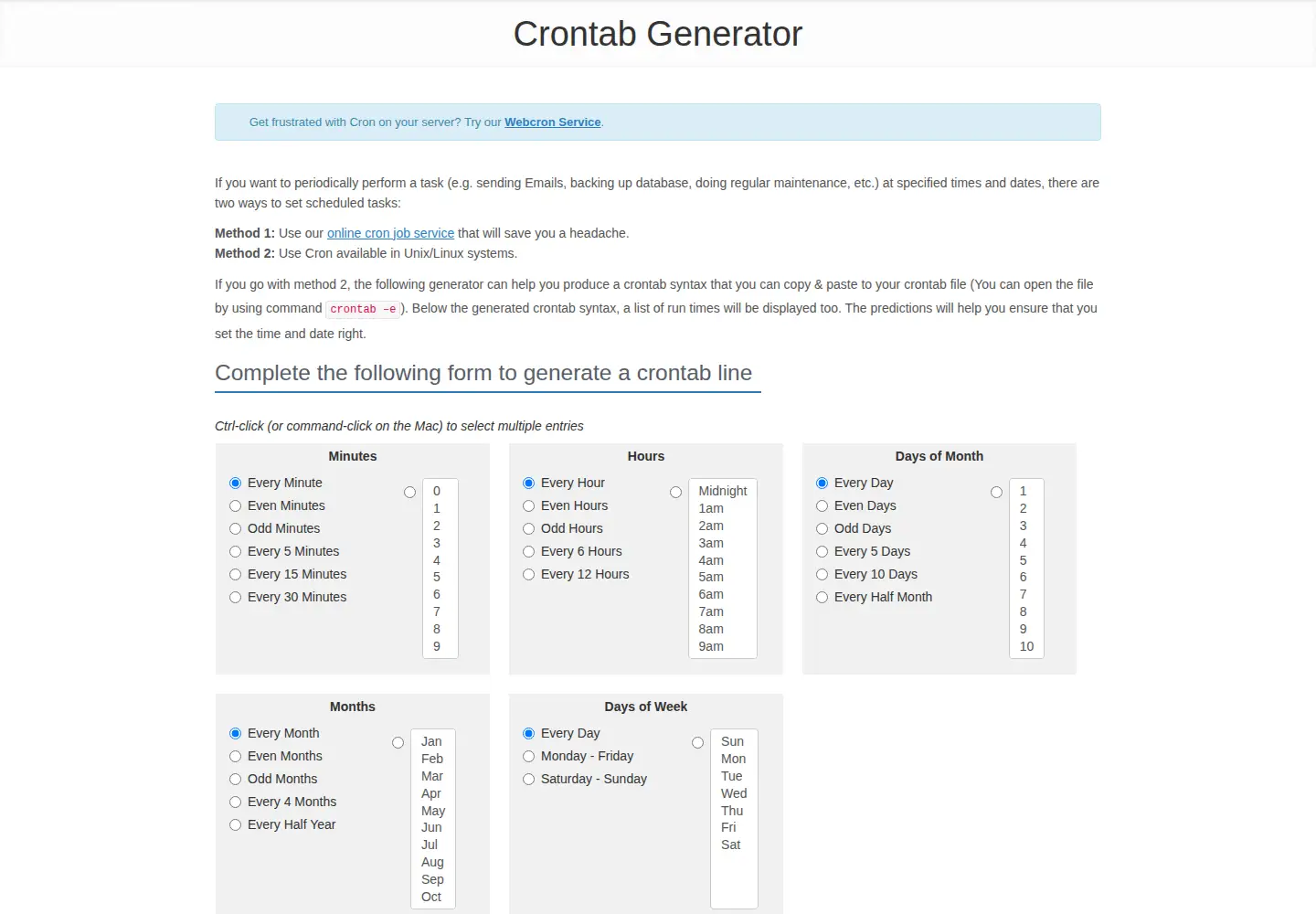 Captured homepage of crontab-generator.org in the current scan