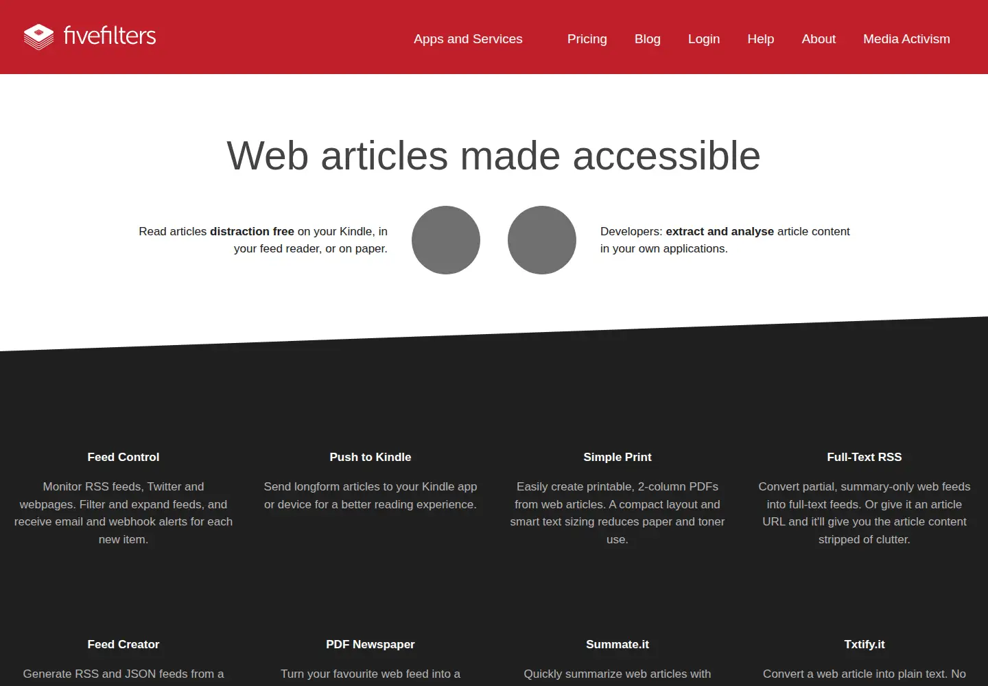 Screenshot of fivefilters.org