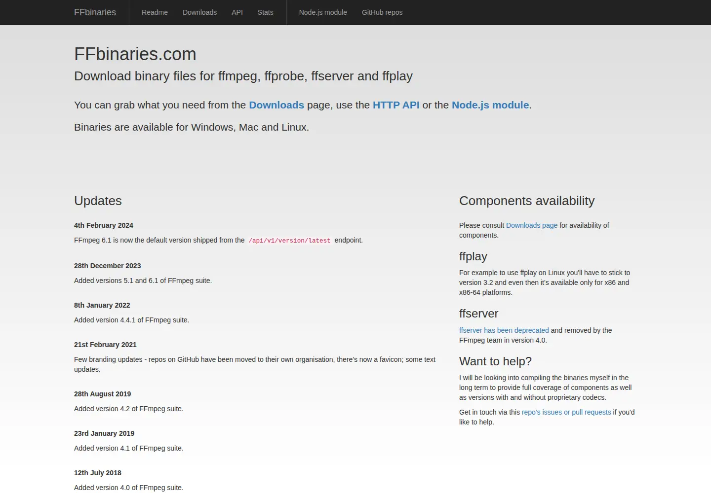 Screenshot of ffbinaries.com