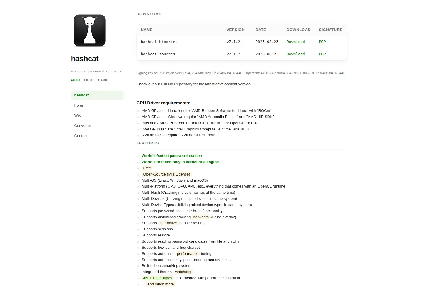 Screenshot of hashcat.net