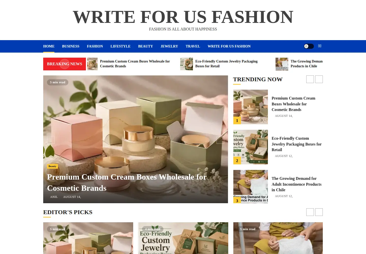 Captured homepage of writeforusfashion.com in the current scan