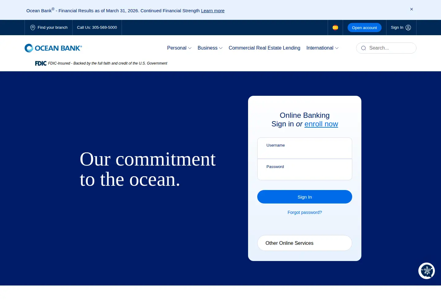 Captured homepage of oceanbank.com in the current scan