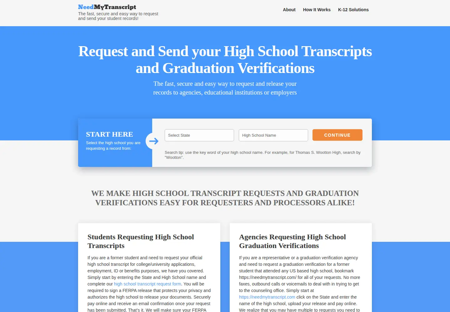 Captured homepage of needmytranscript.com in the current scan
