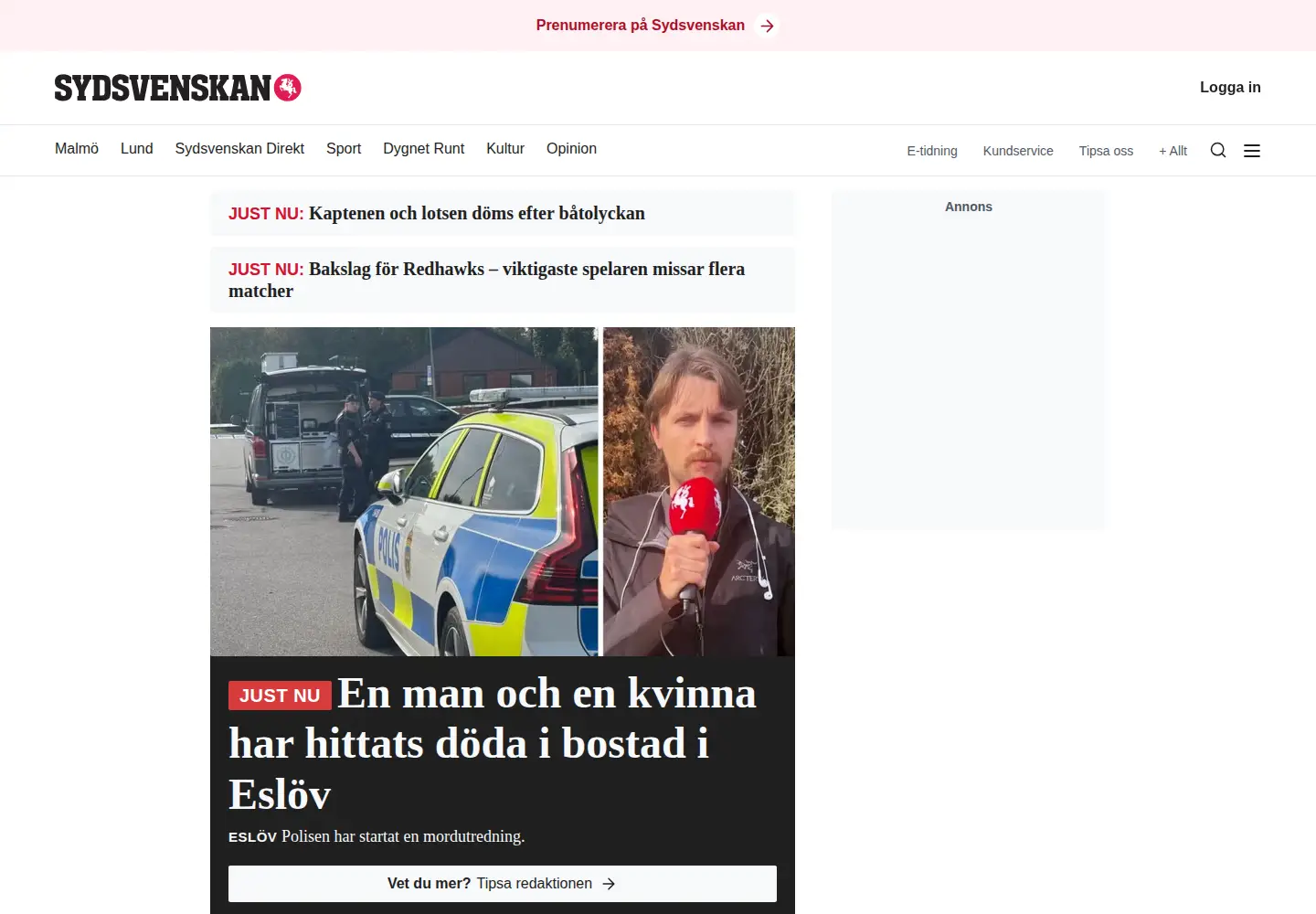 Screenshot of sydsvenskan.se