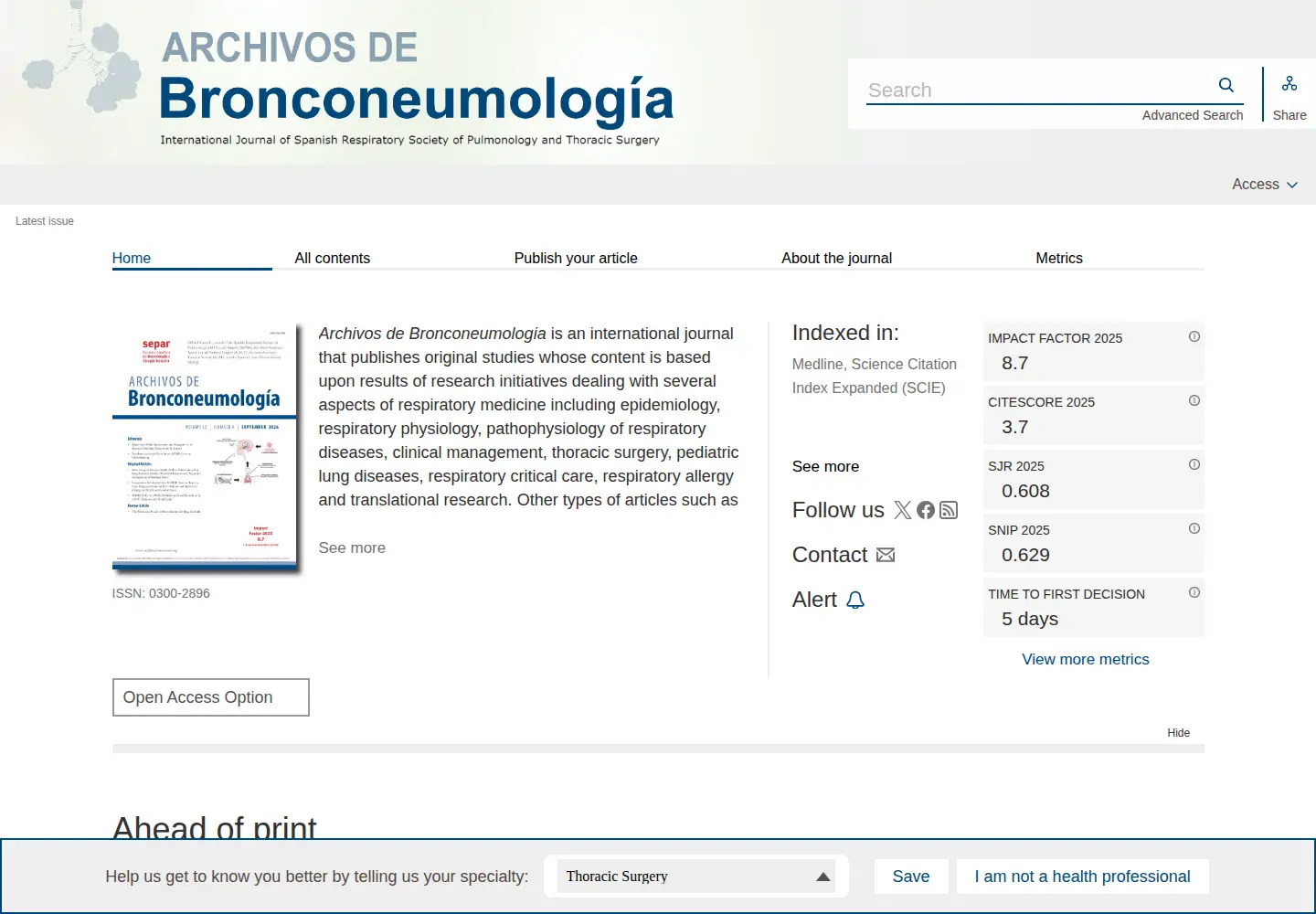 Screenshot of archbronconeumol.org