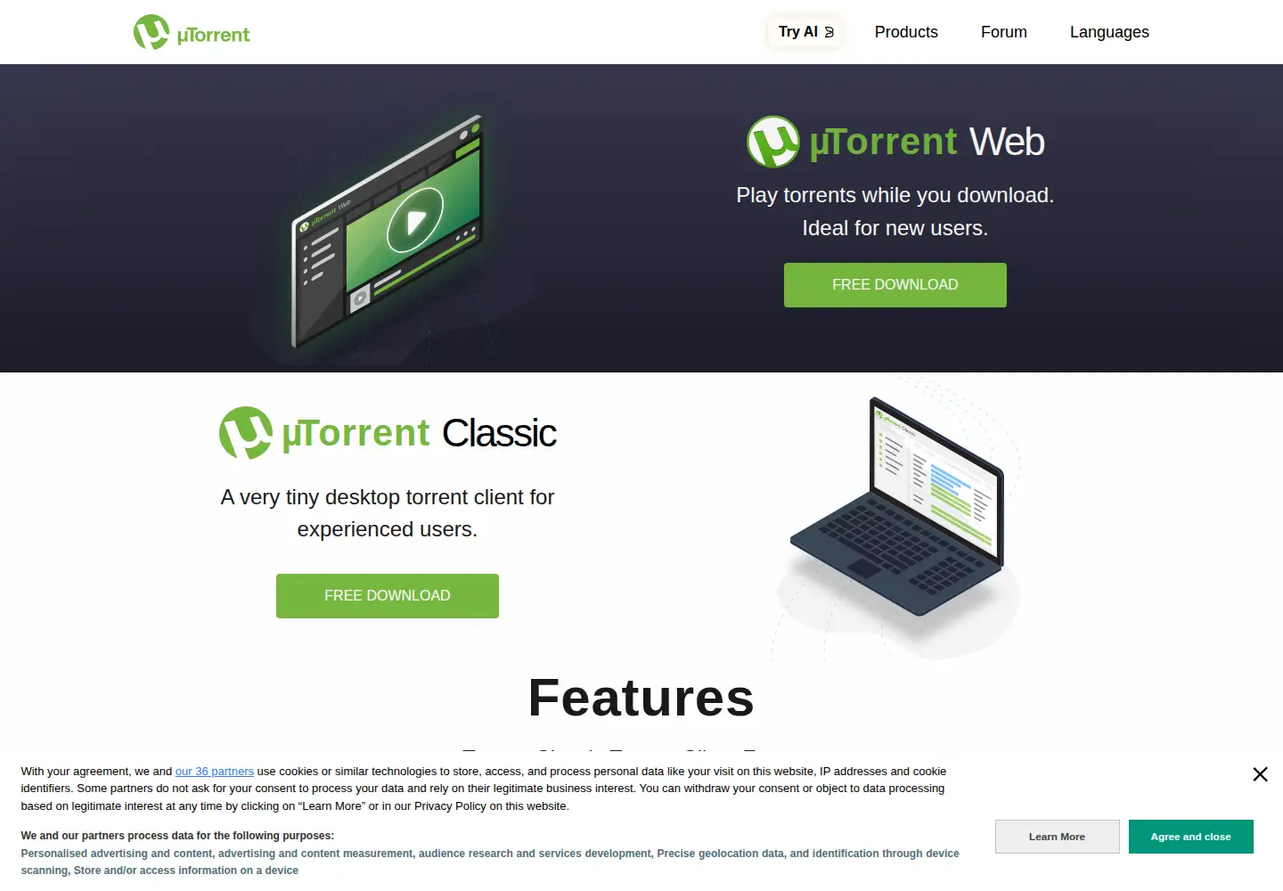 Screenshot of utorrent.com