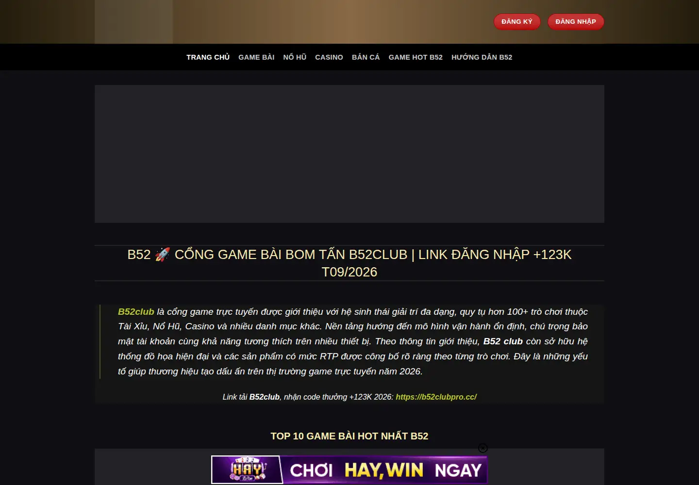 Captured homepage of b52clubpro.cc in the current scan