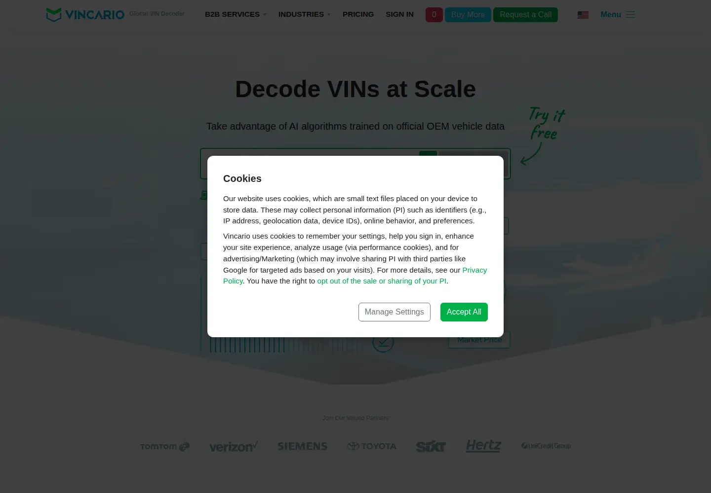 Screenshot of vincario.com