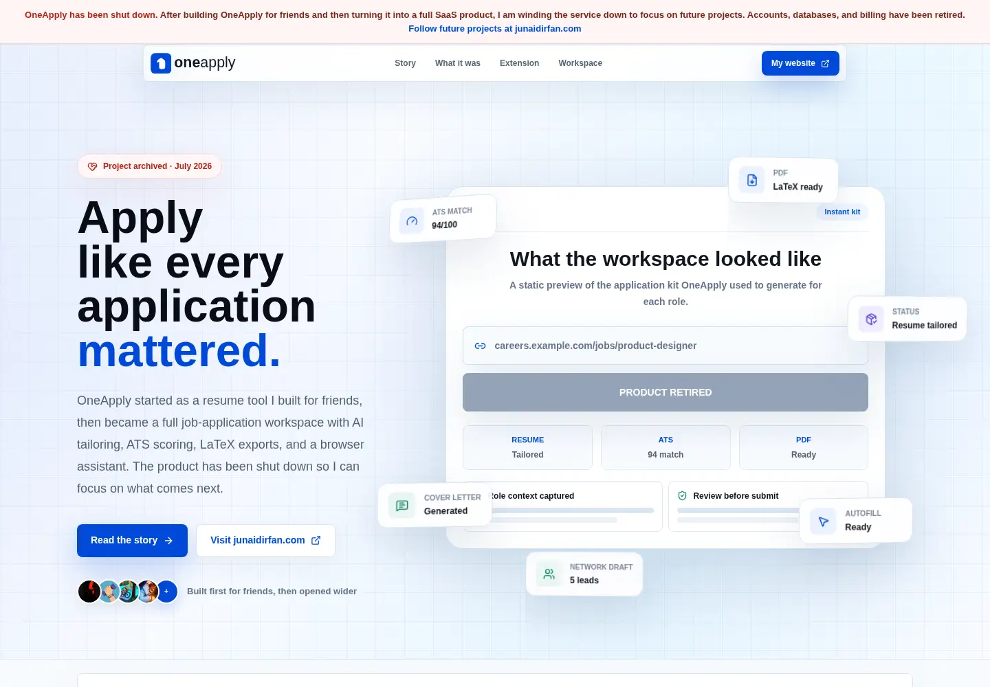 Captured homepage of oneapply.app in the current scan
