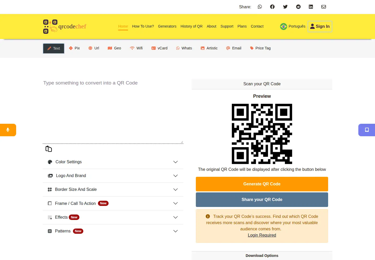 Captured homepage of qrcodechef.com in the current scan
