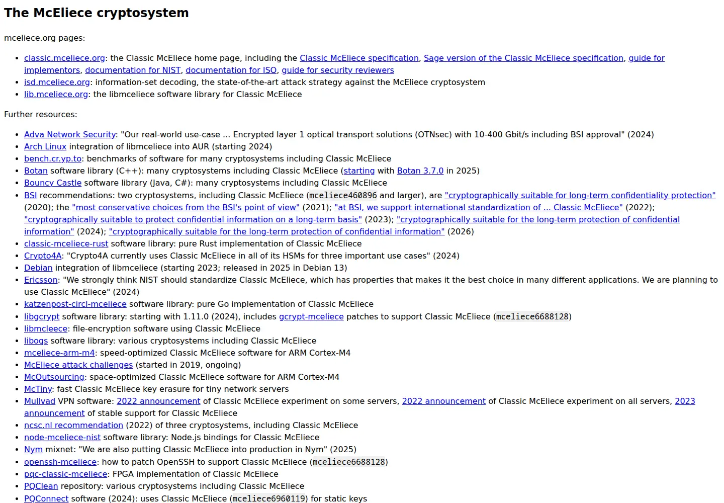 Captured homepage of mceliece.org in the current scan