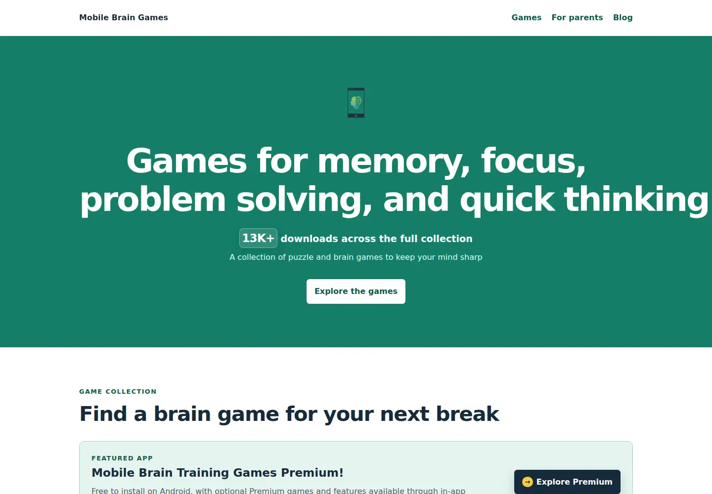 Screenshot of mobilebraingames.com