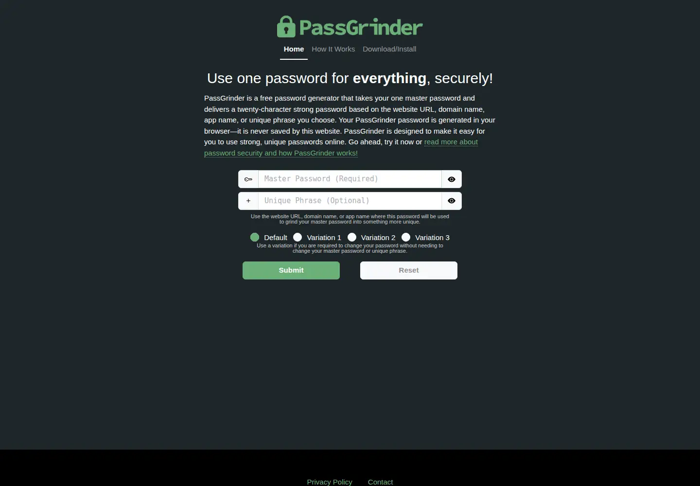 Captured homepage of passgrinder.com in the current scan