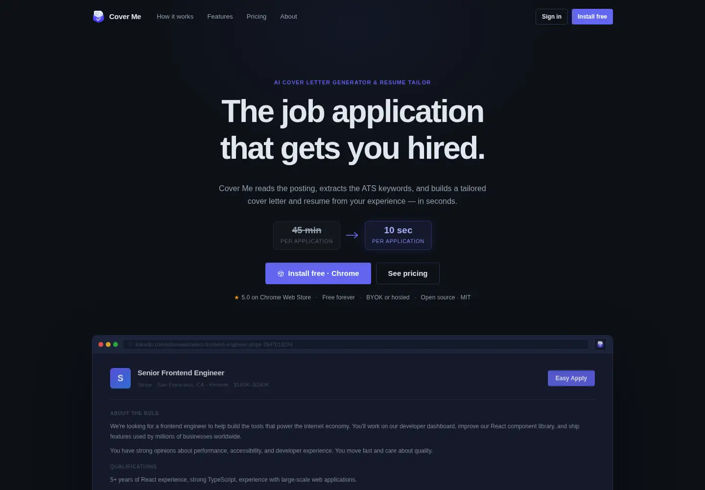 Screenshot of cover-me.dev