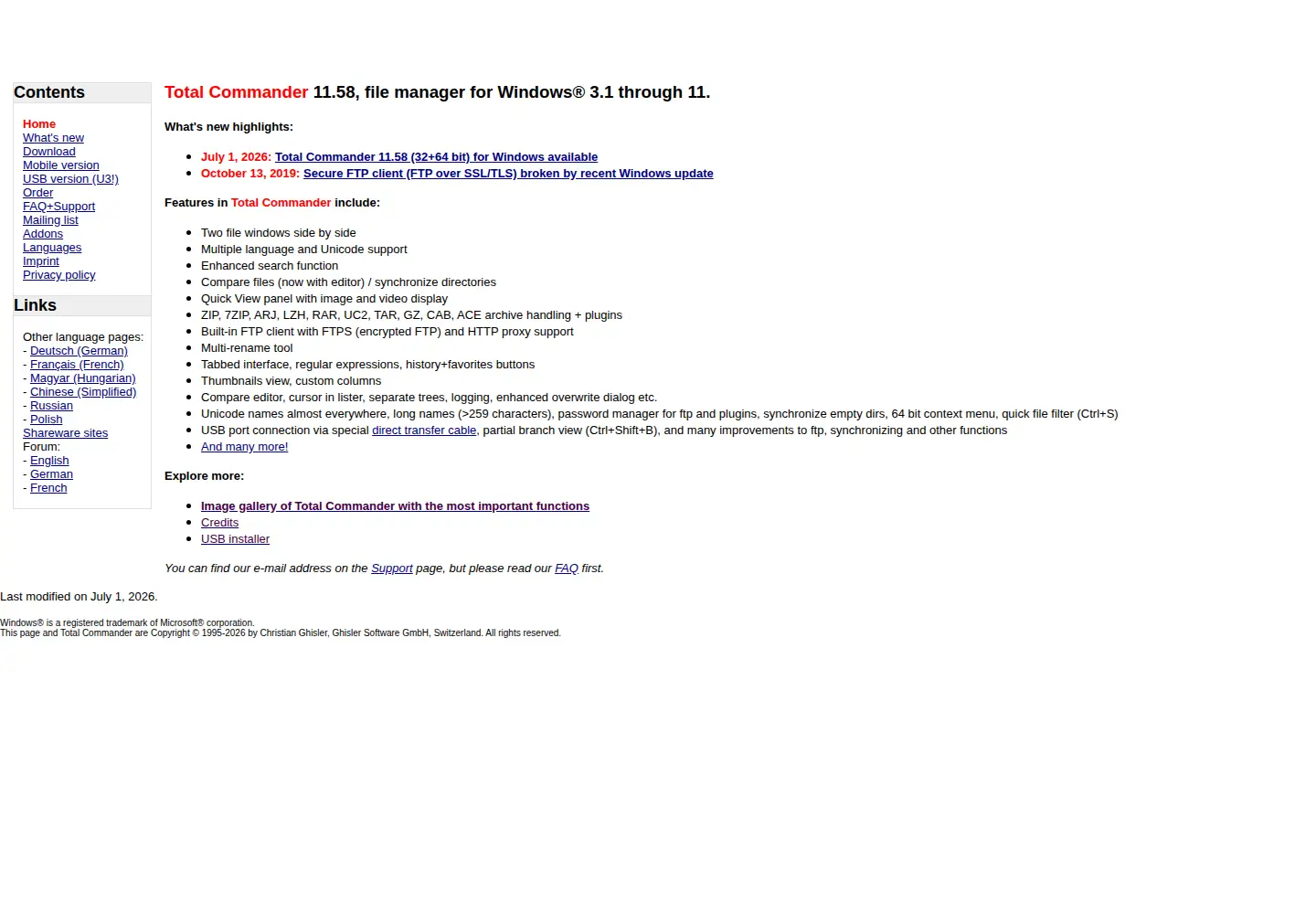 Screenshot of ghisler.com