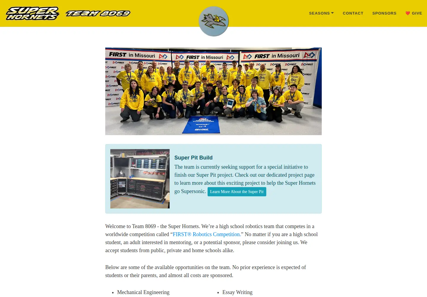 Captured homepage of superhornets.org in the current scan